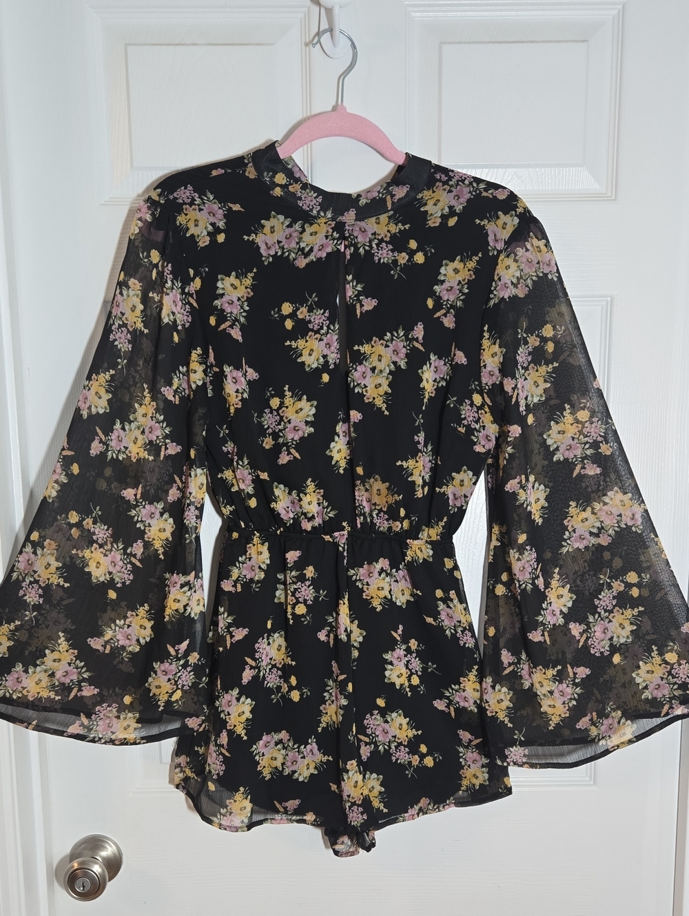 Charlotte Russe Black Floral Sheer Bell-Sleeve Romper Size Small